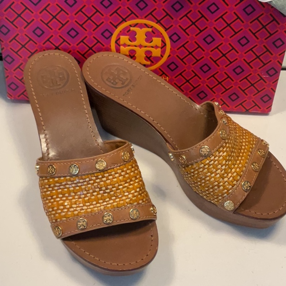 Tory Burch Tan Woven Wedge Sandals